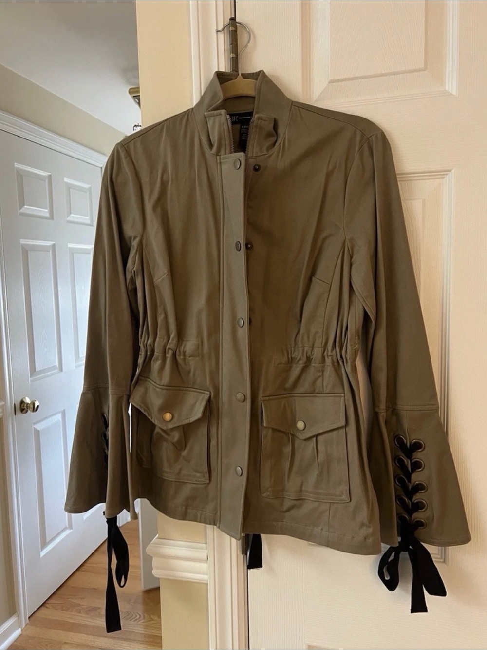 INC International Concepts Olive Green Lace Up Bell Sleeve Jacket Women Size XS